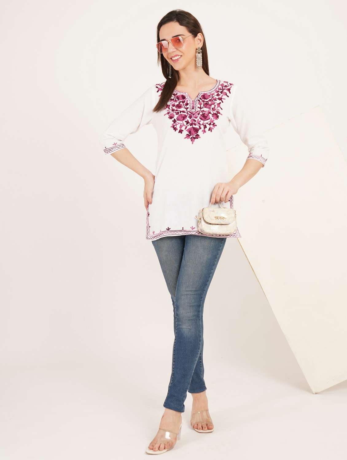Women Embroidered Three Quarter Sleeve Straight Kurti - 22460534 -  Standard Image - 4