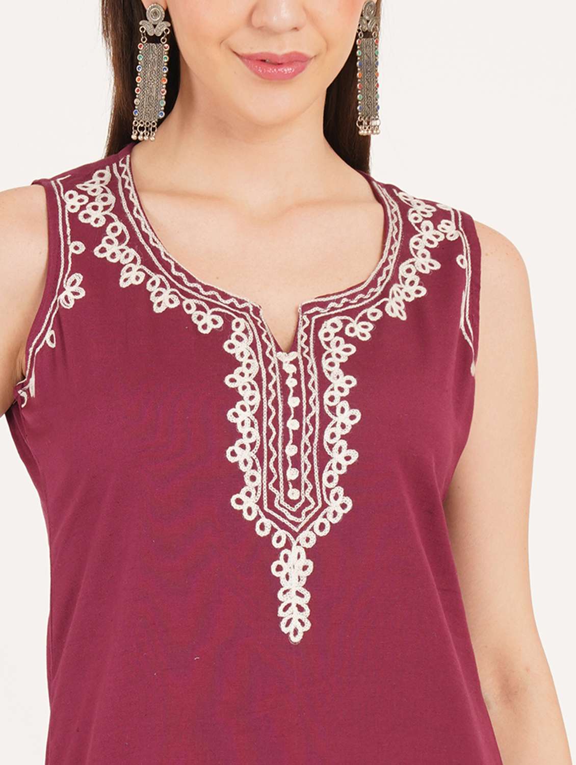 women embroidered sleeveless straight kurti - 22460539 -  Standard Image - 1