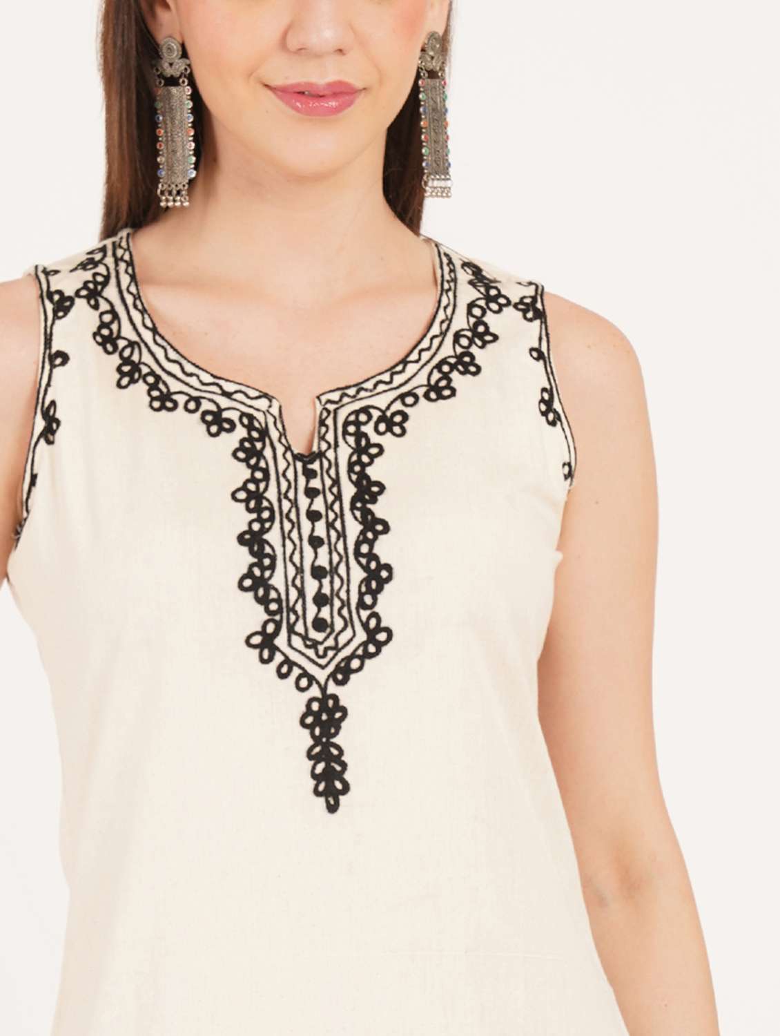 women embroidered sleeveless straight kurti - 22460540 -  Standard Image - 1