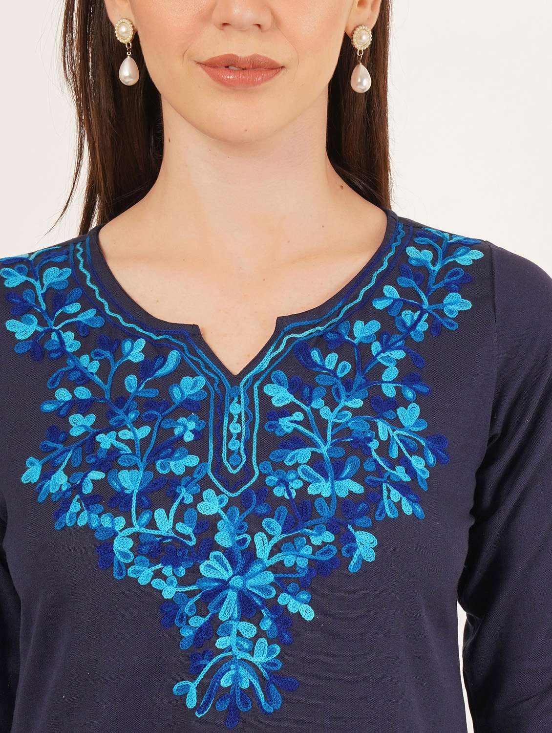 women embroidered three quarter sleeve straight kurti - 22460541 -  Standard Image - 1