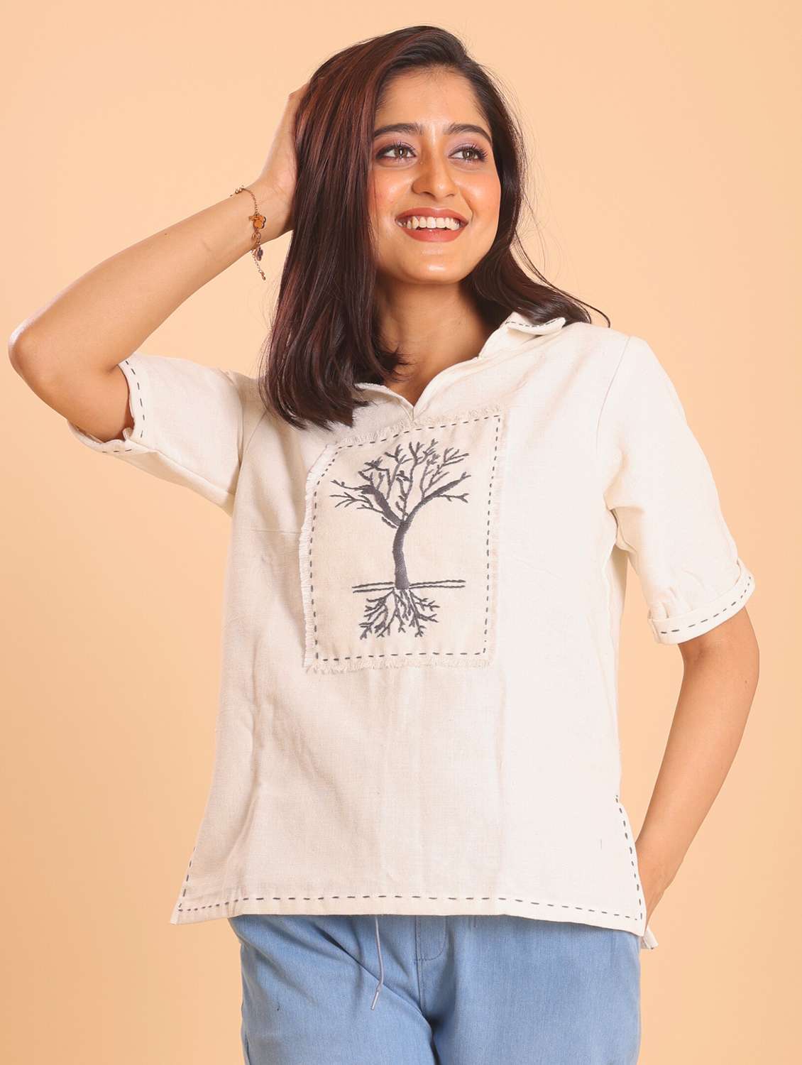 women printed beige cotton regular top
