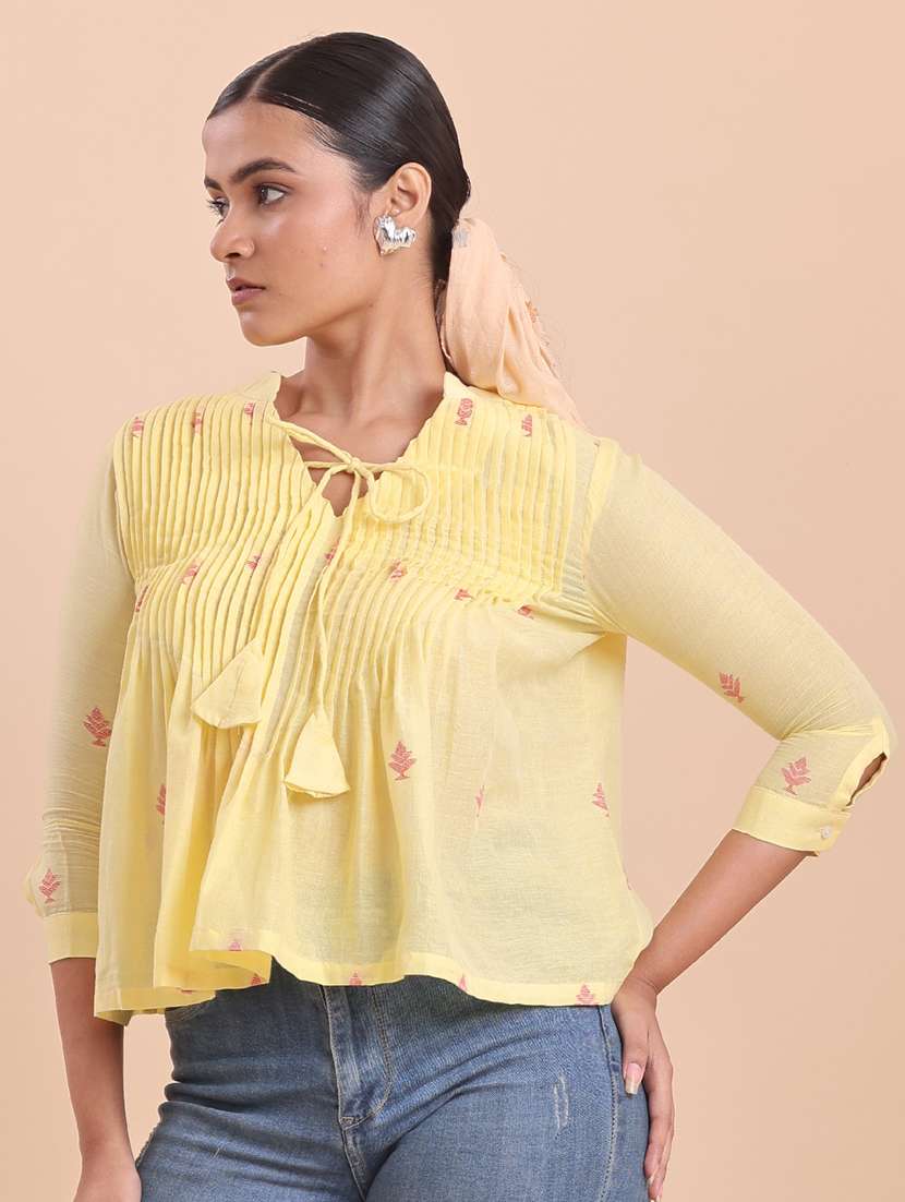 women printed yellow cotton regular top