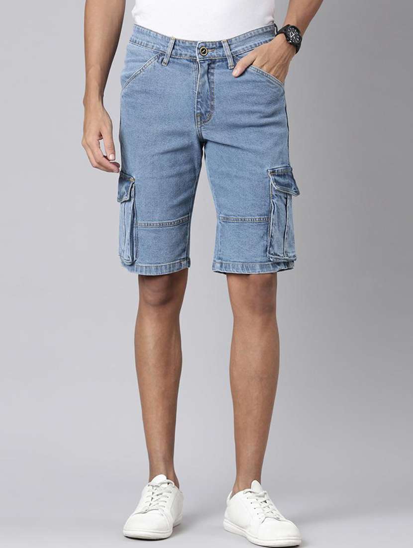 men blue denim cargo short