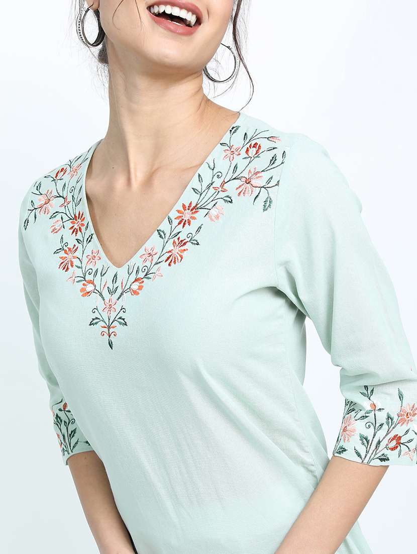 women solid with work three quarter sleeve straight kurta - 22462166 -  Standard Image - 1