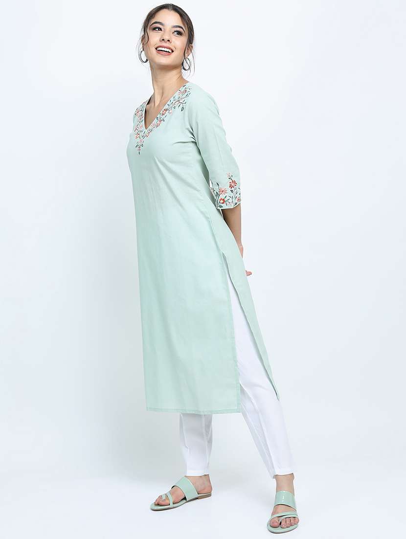 women solid with work three quarter sleeve straight kurta - 22462166 -  Standard Image - 4
