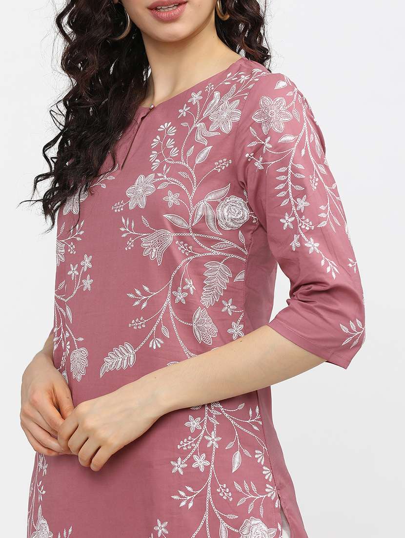 women solid with work three quarter sleeve straight kurta - 22462168 -  Standard Image - 1