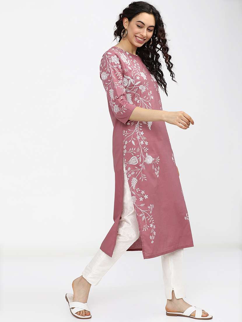 women solid with work three quarter sleeve straight kurta - 22462168 -  Standard Image - 4