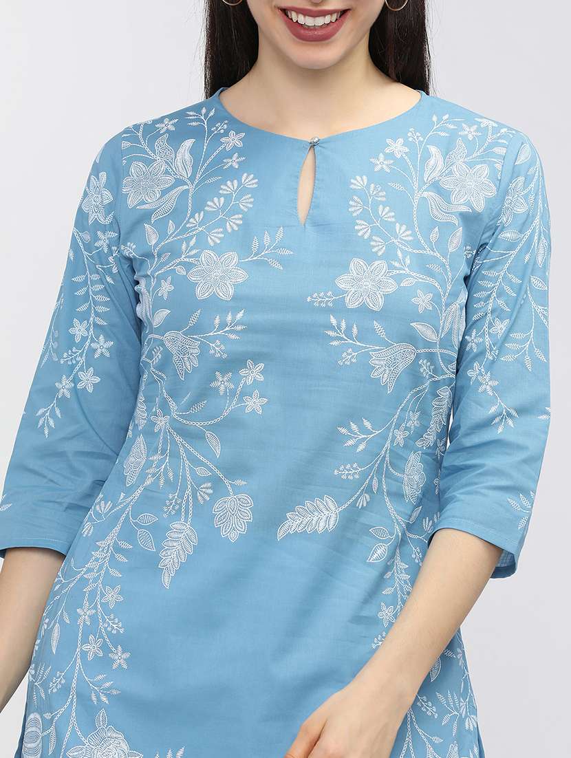 women solid with work three quarter sleeve straight kurta - 22462169 -  Standard Image - 1