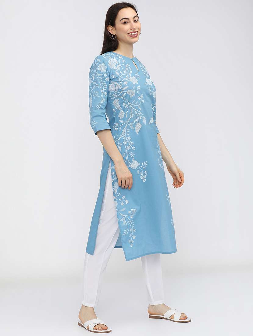 women solid with work three quarter sleeve straight kurta - 22462169 -  Standard Image - 4