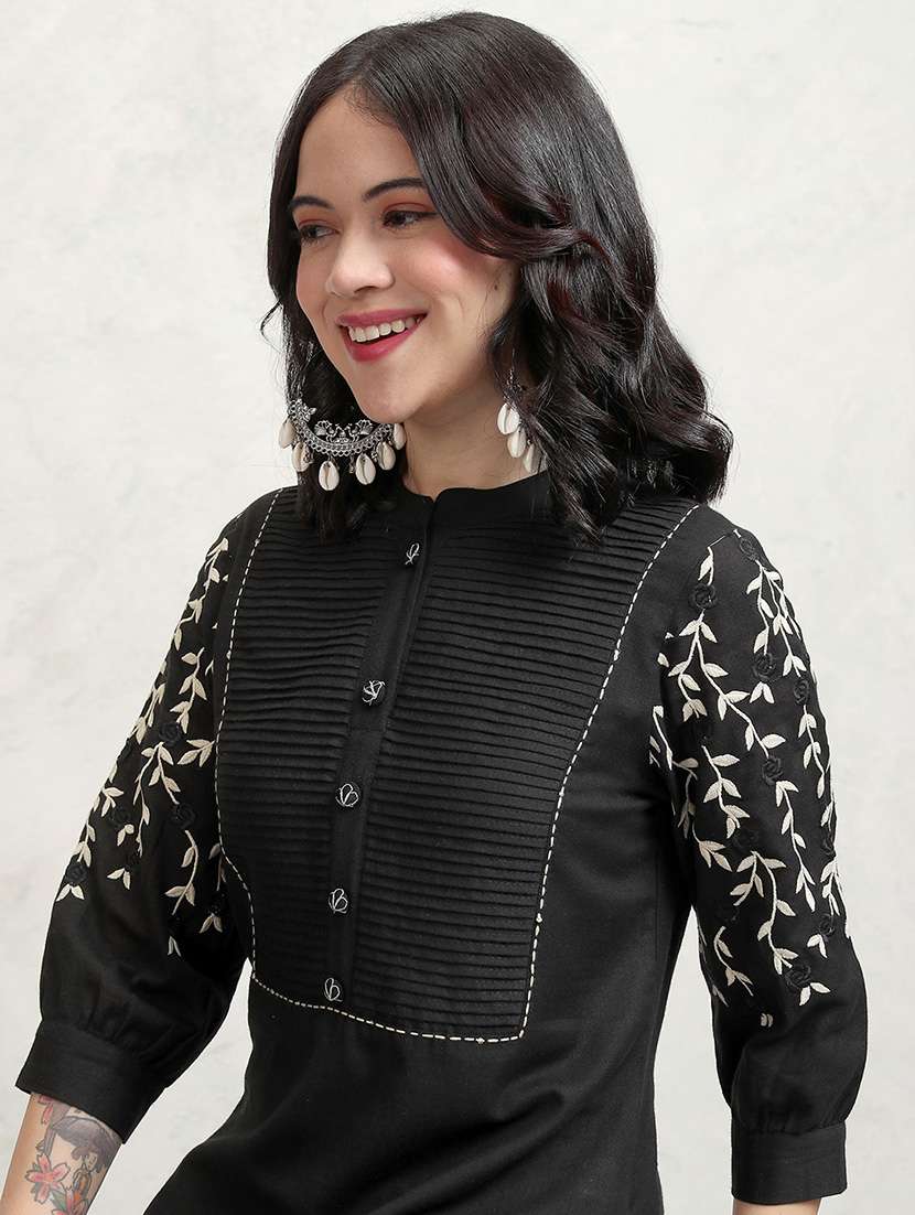 women solid with work three quarter sleeve kurta pant set - 22462181 -  Standard Image - 1