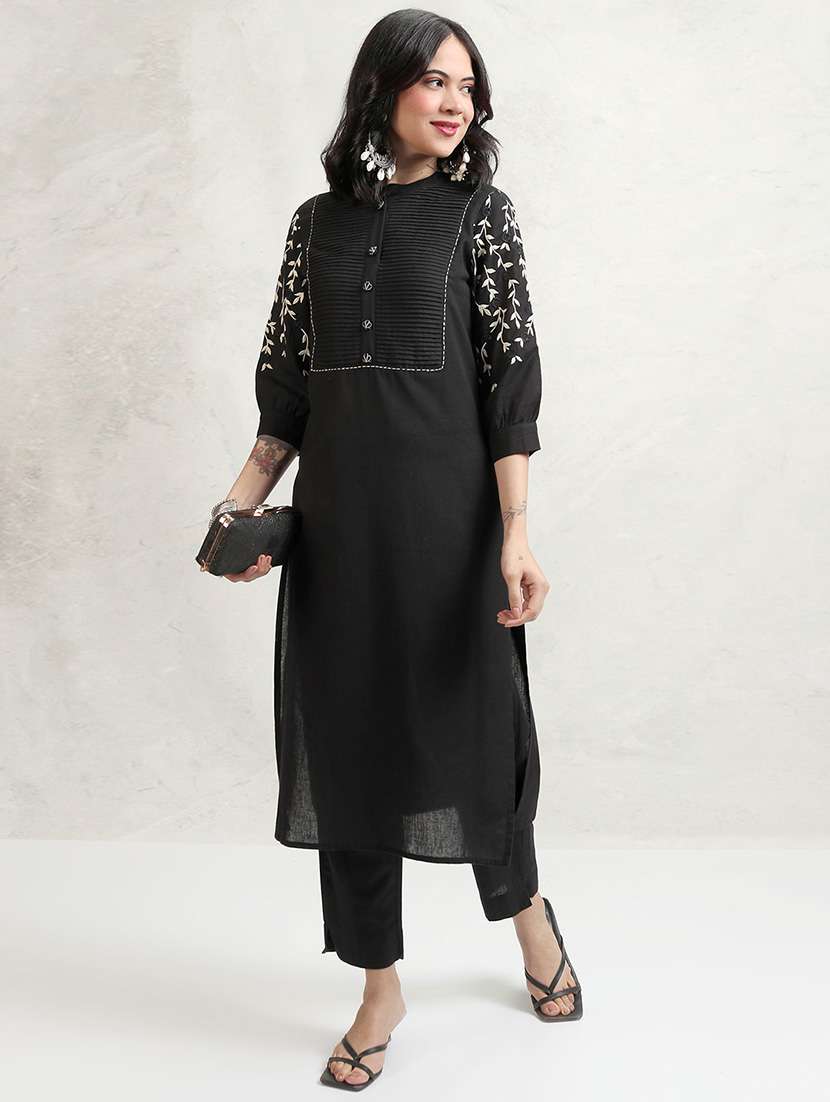 women solid with work three quarter sleeve kurta pant set - 22462181 -  Standard Image - 4