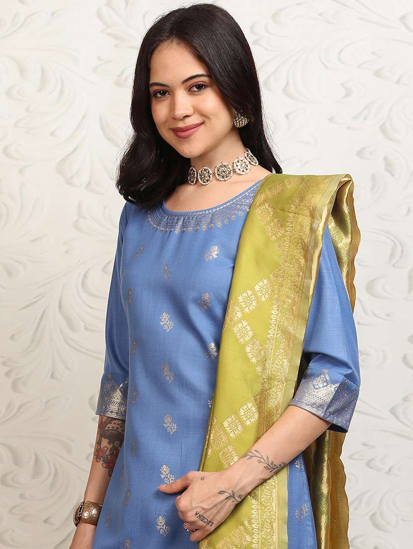 women foil printed three quarter sleeve kurta palazzo with dupatta set - 22462182 -  Standard Image - 1