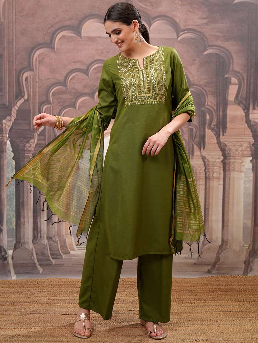 women self design olive kurta palazzo set set