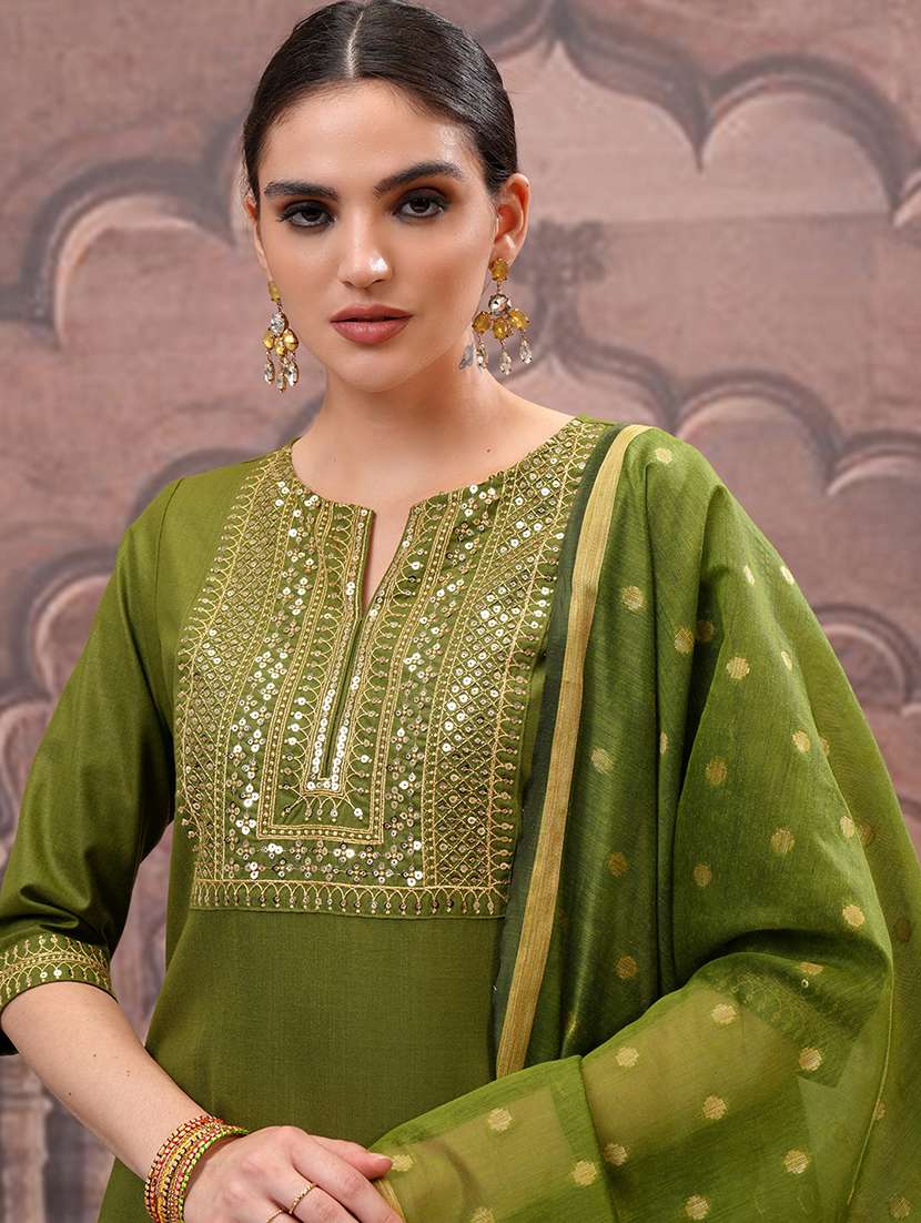 women self design olive kurta palazzo set set - 22462195 -  Standard Image - 1