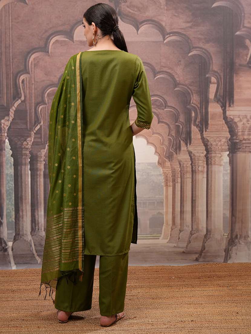 women self design olive kurta palazzo set set - 22462195 -  Standard Image - 4
