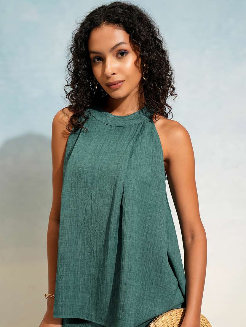 women solid top and trouser co-ord set - 22462216 -  Standard Image - 1