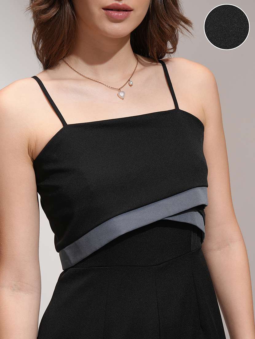 women black solid shoulder strap jumpsuit - 22462224 -  Standard Image - 1