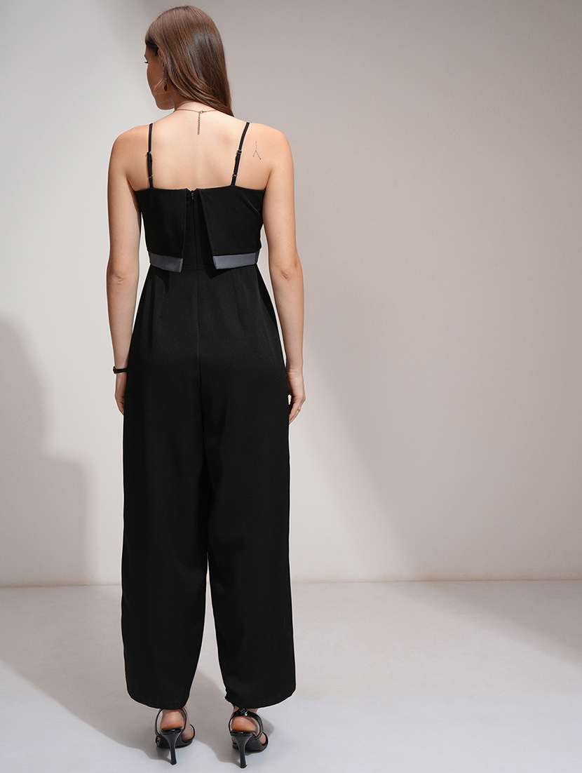 women black solid shoulder strap jumpsuit - 22462224 -  Standard Image - 4