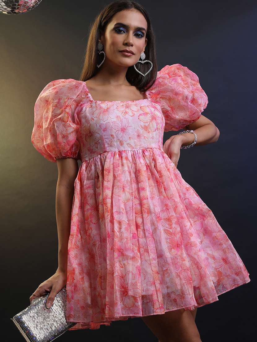 floral polyester square neck puff sleeve dress