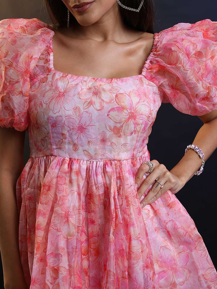 floral polyester square neck puff sleeve dress - 22462254 -  Standard Image - 1