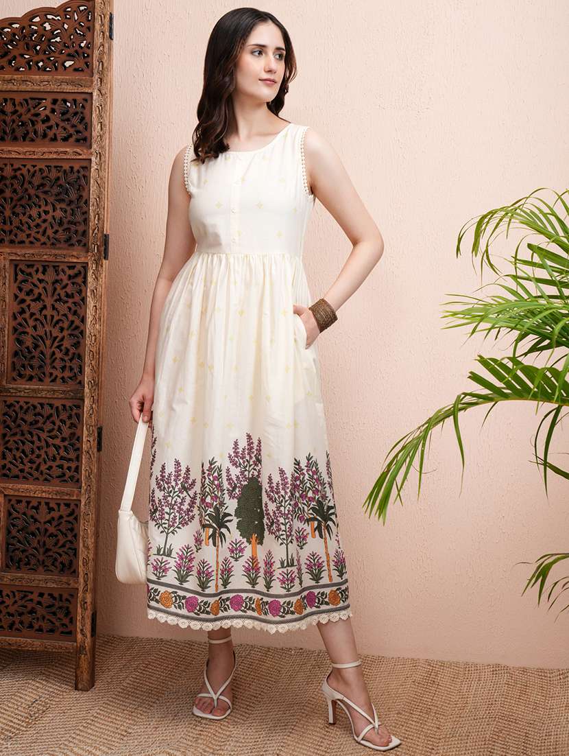 women cream cotton printed a-line midi dress
