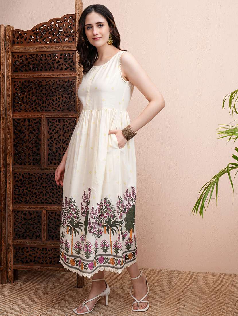 women cream cotton printed a-line midi dress - 22462263 -  Standard Image - 4