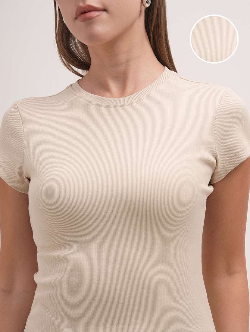women solid  beige round top shorts sleeves - 22462300 -  Standard Image - 1