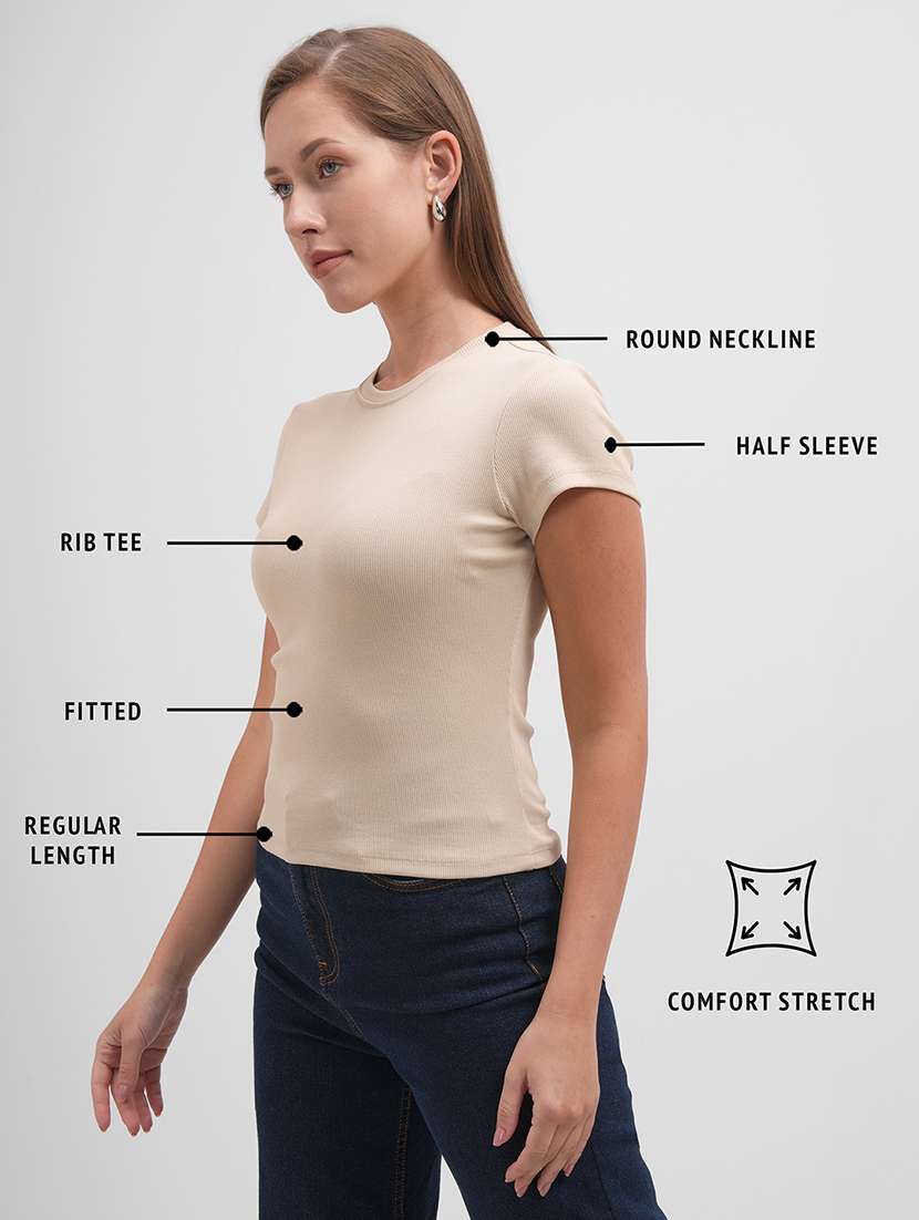 women solid  beige round top shorts sleeves - 22462300 -  Standard Image - 4