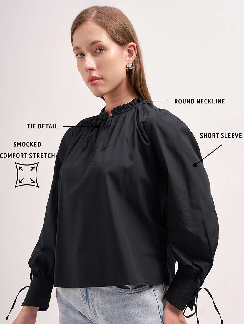 women solid  black cotton regular top - 22462302 -  Standard Image - 4