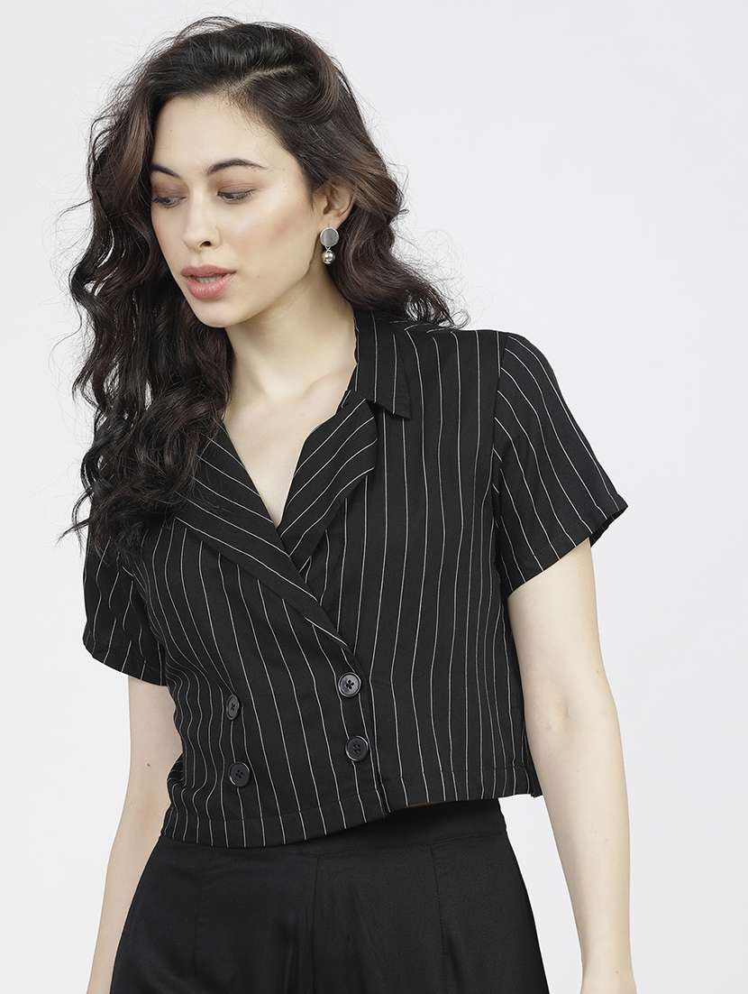 women stripes black rayon regular top