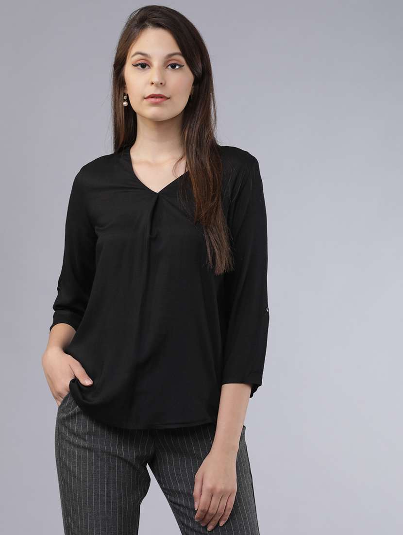women solid  black rayon regular top