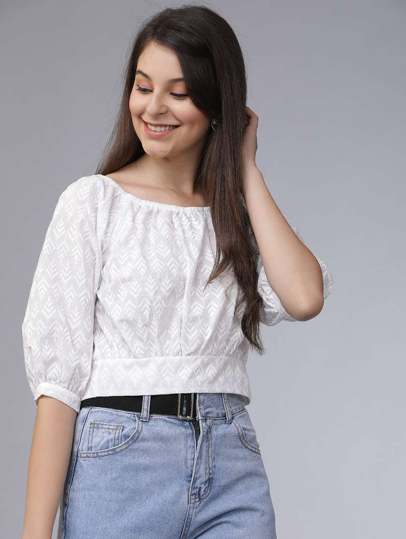 women solid  off white cotton blend regular top