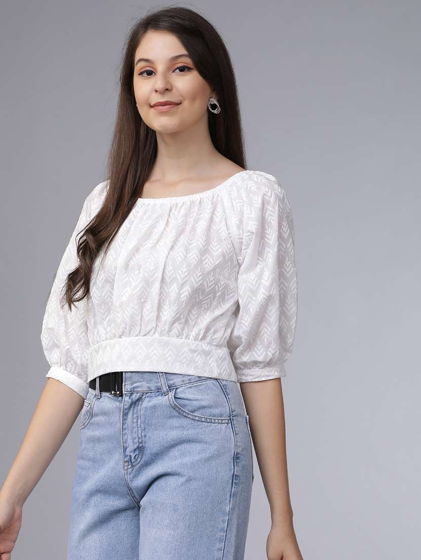 women solid  off white cotton blend regular top - 22462322 -  Standard Image - 1