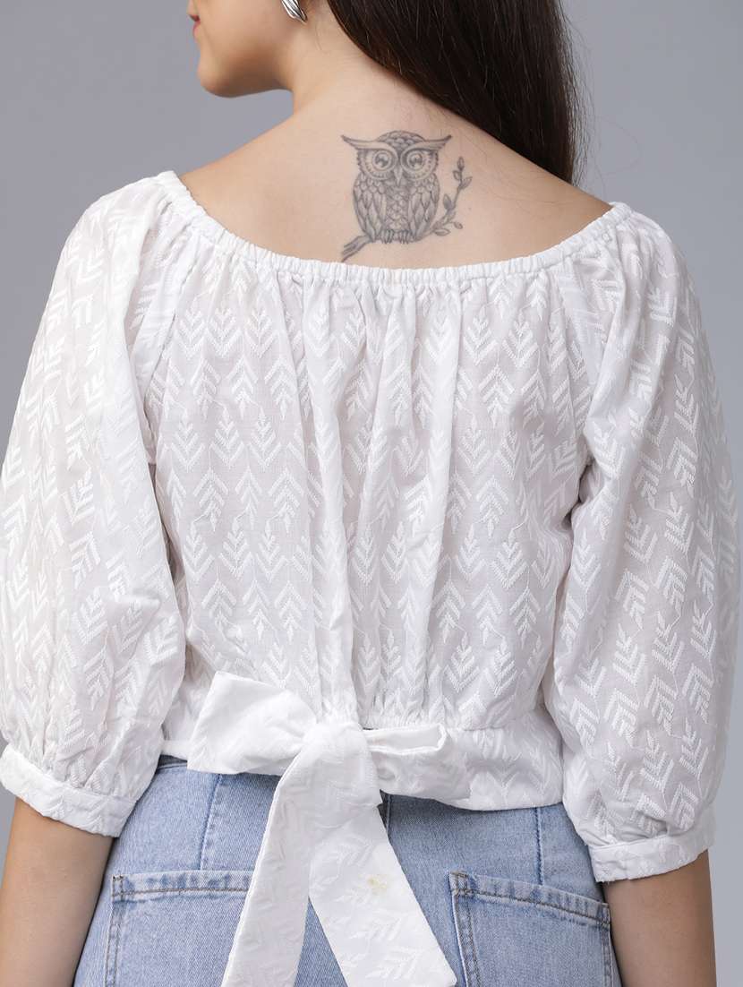 women solid  off white cotton blend regular top - 22462322 -  Standard Image - 4