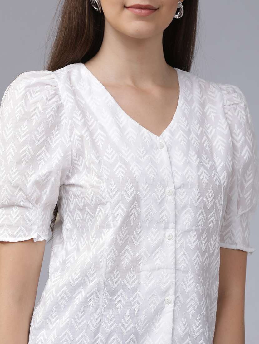 women solid  off white cotton blend regular top - 22462323 -  Standard Image - 1