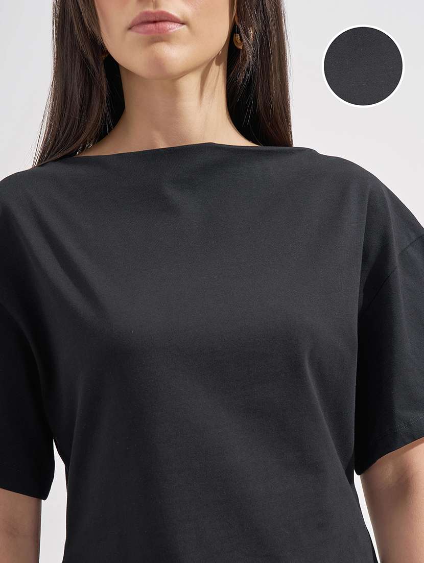women solid black cotton regular top - 22462332 -  Standard Image - 1