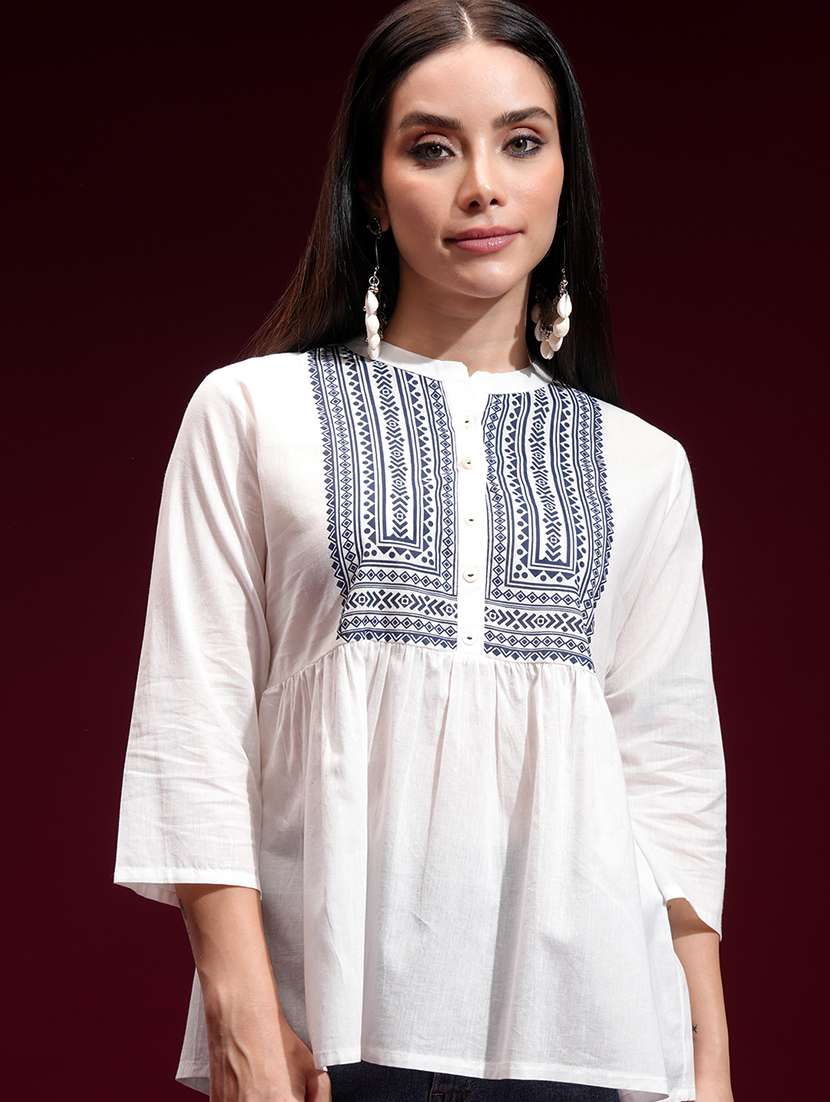 women printed off white rayon regular top
