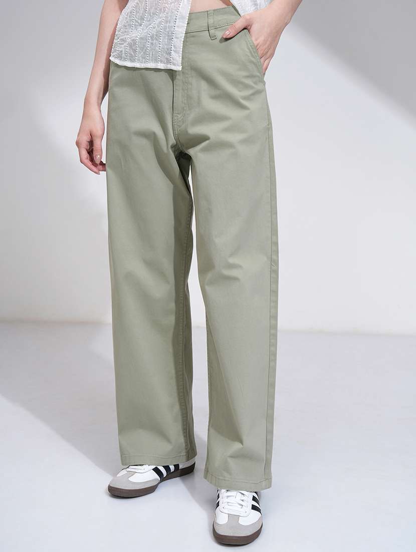 women brown cotton straight trouser