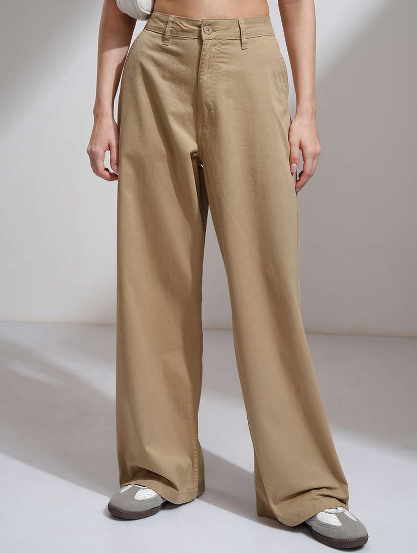 women brown cotton straight trouser