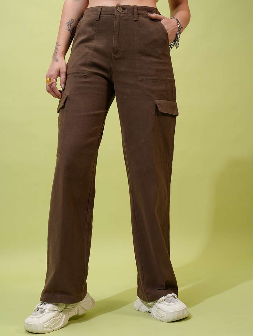 women brown cotton cargo trousers with pockets