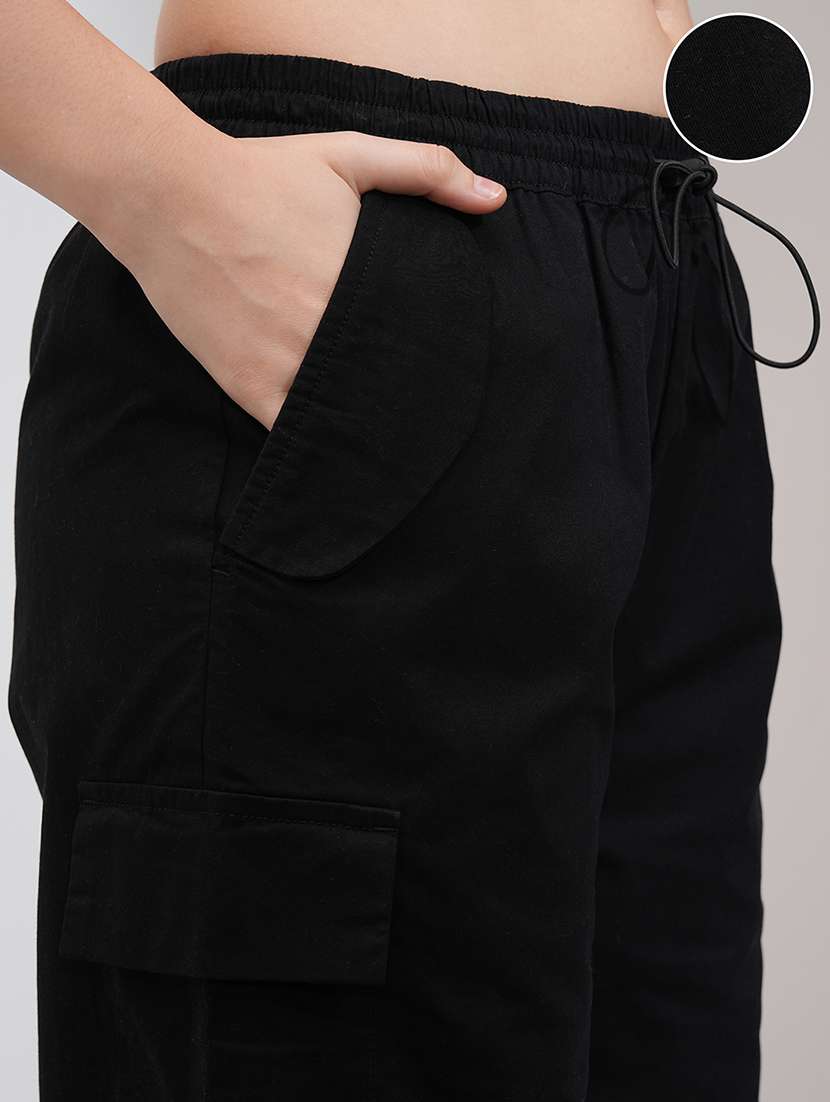 Women Black Cotton Straight Cargos - 22462400 -  Standard Image - 1