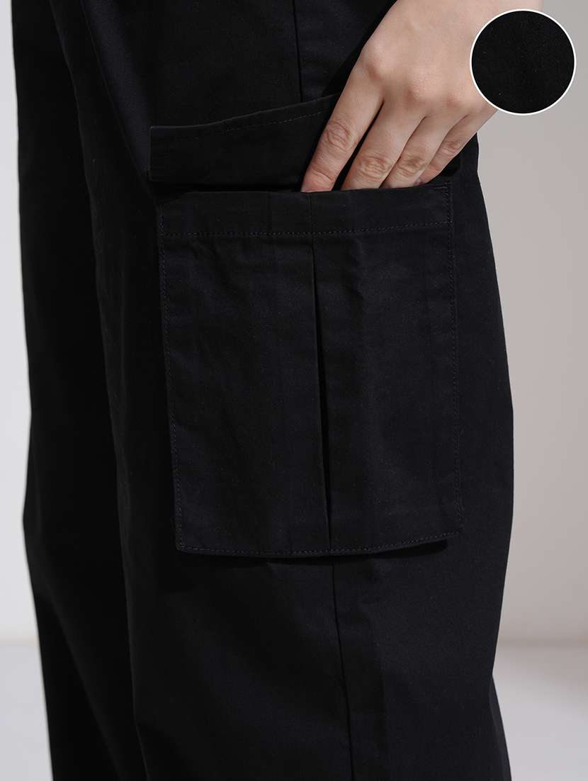 Women Black Cotton Straight Cargos - 22462401 -  Standard Image - 1