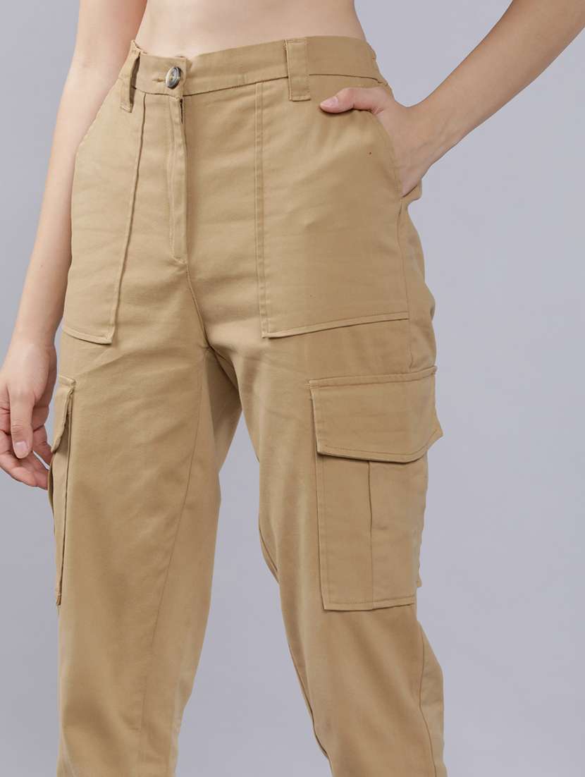 women beige cotton straight cargos - 22462416 -  Standard Image - 1