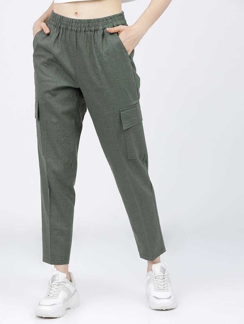 women olive cotton cargos trouser