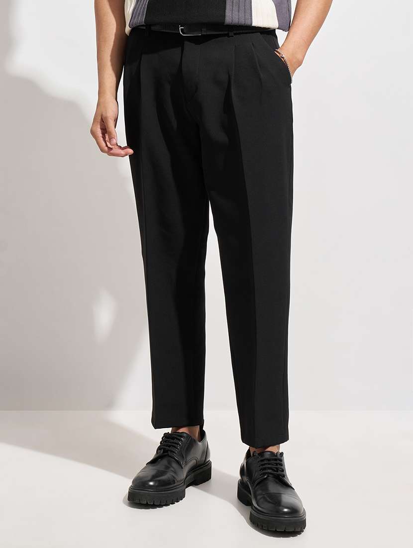 men solid mid rise pleated casual trouser