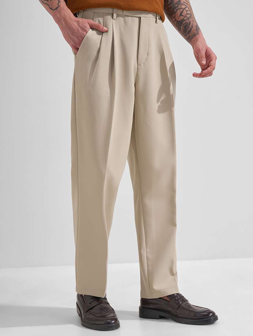 men beige polyester pleated casual trouser - 22462677 -  Standard Image - 1