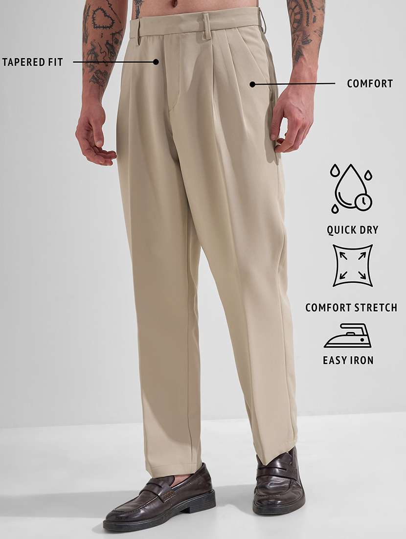 men beige polyester pleated casual trouser - 22462677 -  Standard Image - 4