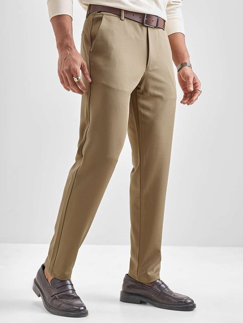 men khaki polyester pleated casual trouser - 22462714 -  Standard Image - 1