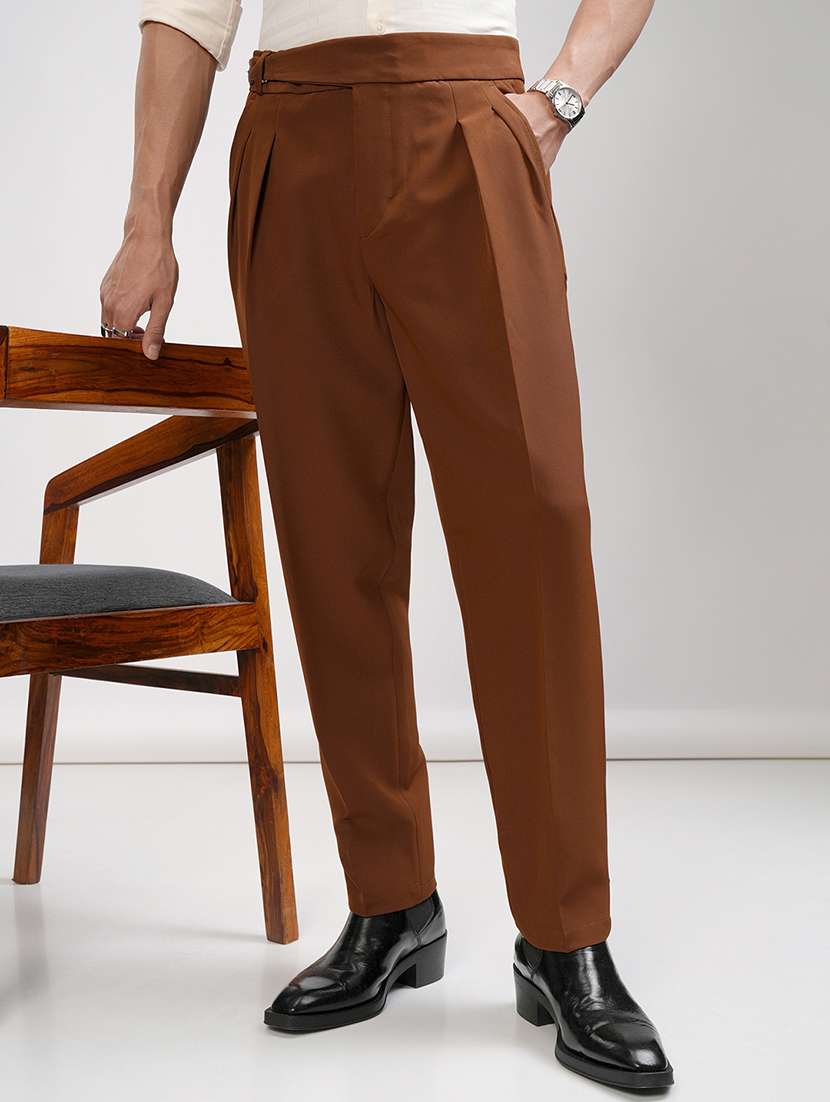 men rust polyester pleated casual trouser