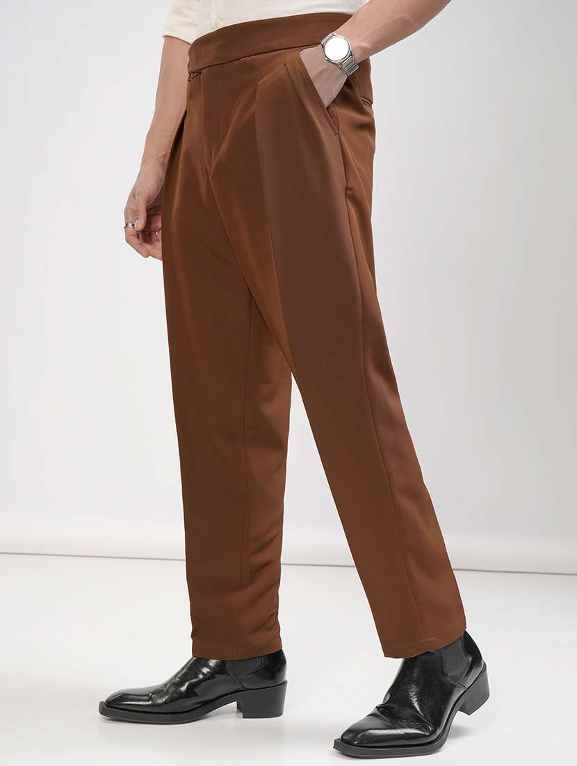 men rust polyester pleated casual trouser - 22462749 -  Standard Image - 1